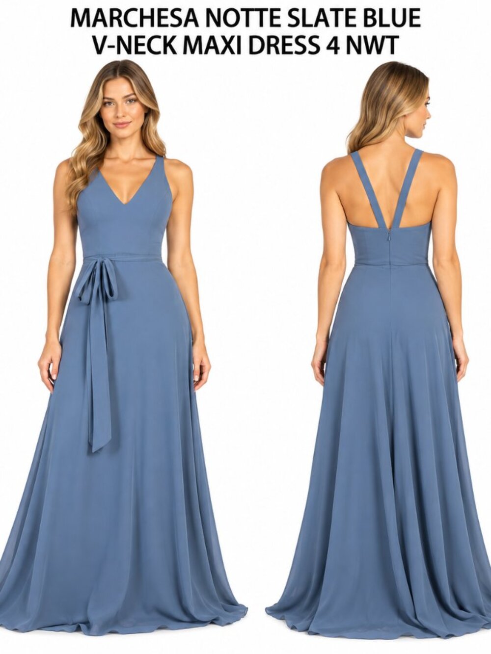 MARCHESA NOTTE SLATE BLUE V-NECK MAXI DRESS 4 NWTre